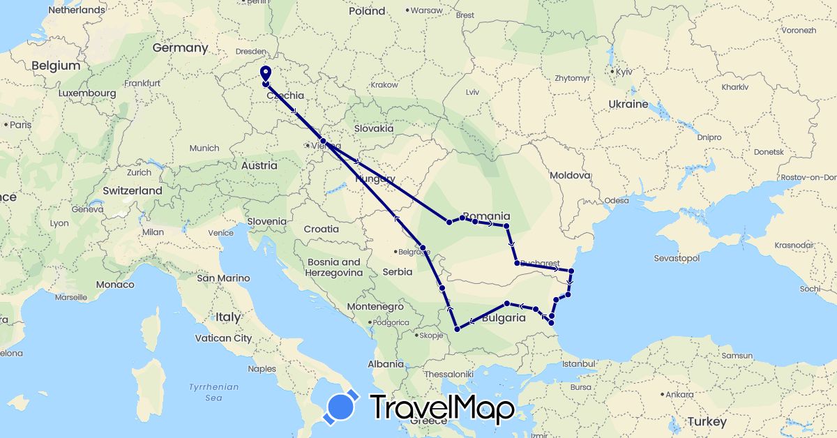 TravelMap itinerary: driving in Bulgaria, Czech Republic, Romania, Slovakia (Europe)